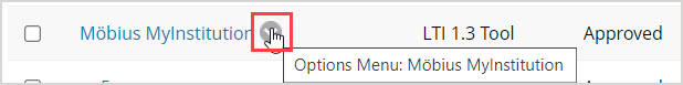 In the LTI Tool Providers table, the Options Menu is next to the name of the Mobius myinstitution tool.